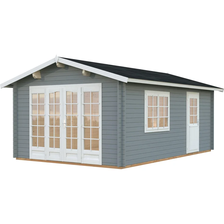 Palmako Gartenhaus Irene 19,0 m², 44 mm Blockbohlen, grau hellgrau/weiß lackiert, mit Doppelfenster und stabiler Seitentür