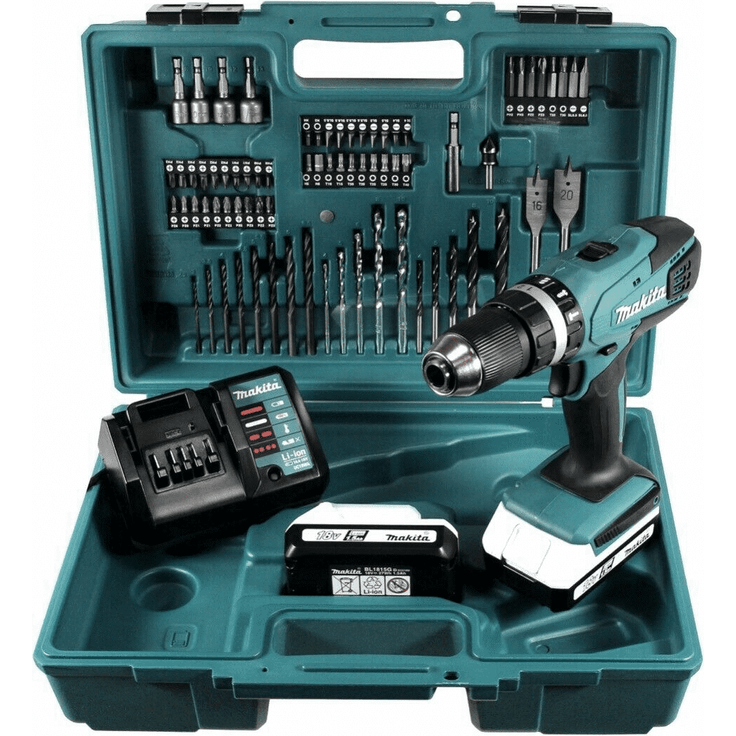 Makita HP457DWE10 - 18V G-Serie Akku-Schlagbohrschrauber (2 x 1,5 Ah) mit Ladegerät und 74-tlg. Zubehör-Set im Werkzeugkoffer