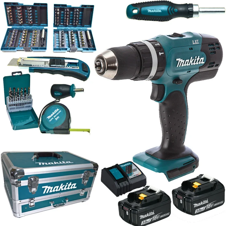 Makita DHP453RFX2 Akku-Schlagbohrschrauber blau-schwarz,18 V 2 x 3,0 Ah im Alukoffer,96-tlg. Zubehörset – Bild 2