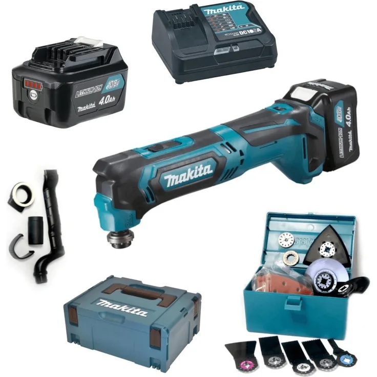 Makita TM30DSMJX5 Akku-Multifunktionswerkzeug 10,8 V - 4,0Ah, 2 Akkus, Ladegerät, MAKPAC inklusiv 41 teilig Zubehör-Set, 170 W, 10.8 V, türkisschwarz, mit 2X 4,0 Ah inkl. Sortiment Einsatzwerkzeuge