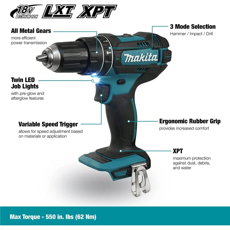 Makita DHP482Z Akku Schlagbohrschrauber Solo (ohne Akku und Ladegerät) Li-Ion Leerlaufdrehzahl 1900 U/min, 28500 Schläge/min 1,5 kg – Bild 8