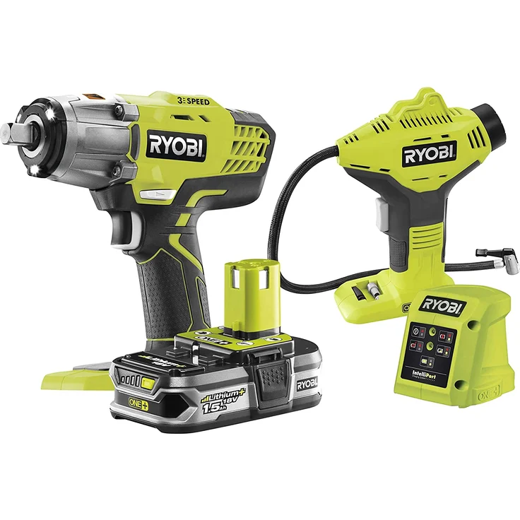 Ryobi R18IWPI-115G Akku-Maschinenset 18 V Schlagschrauber und Kompressor, mit Akku und Ladegerät inkl. 3 Ratschen-Nüsse 17, 19 & 21 mm – Bild 1