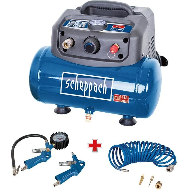 Scheppach Druckluft Kompressor HC06 ölfrei | 6L Kessel | 8 bar Arbeitsdruck | 1200 Watt Leistung | Ansaugleistung 192 L/min | mobil & kompakt Luftkompressor | inkl. 6-tlg. Zubehörset – Bild 1