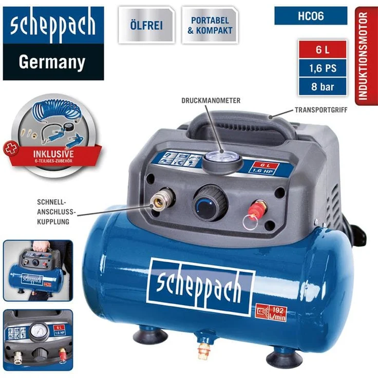 Scheppach Druckluft Kompressor HC06 ölfrei | 6L Kessel | 8 bar Arbeitsdruck | 1200 Watt Leistung | Ansaugleistung 192 L/min | mobil & kompakt Luftkompressor | inkl. 6-tlg. Zubehörset – Bild 2