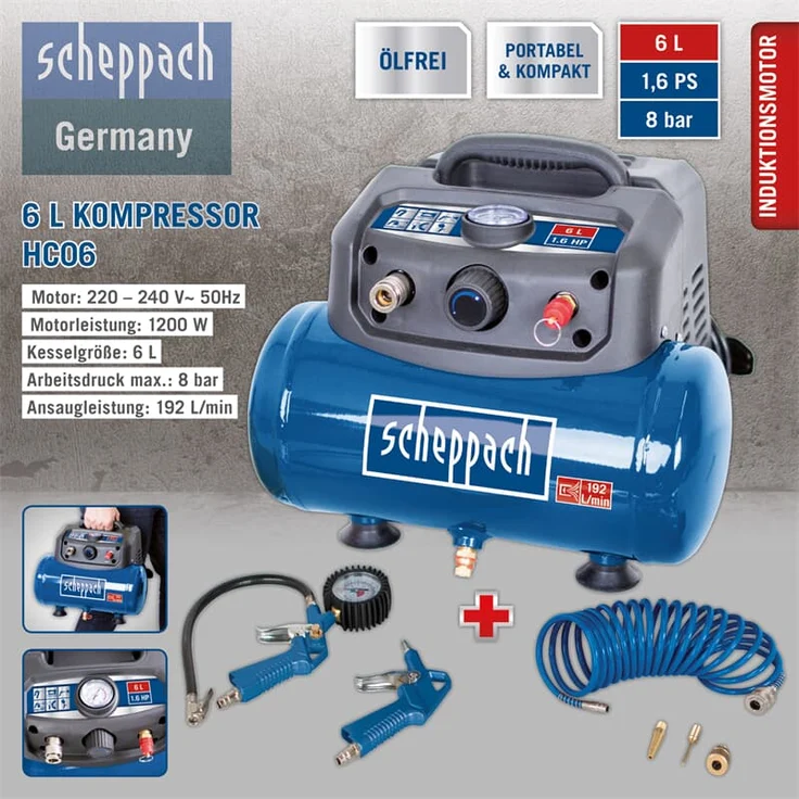Scheppach Druckluft Kompressor HC06 ölfrei | 6L Kessel | 8 bar Arbeitsdruck | 1200 Watt Leistung | Ansaugleistung 192 L/min | mobil & kompakt Luftkompressor | inkl. 6-tlg. Zubehörset – Bild 5
