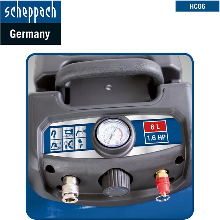 Scheppach Druckluft Kompressor HC06 ölfrei | 6L Kessel | 8 bar Arbeitsdruck | 1200 Watt Leistung | Ansaugleistung 192 L/min | mobil & kompakt Luftkompressor | inkl. 6-tlg. Zubehörset – Bild 3