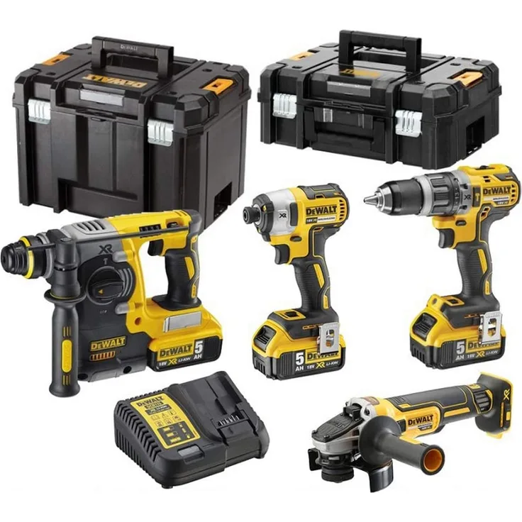 DeWalt 18V Akku-Kombopack Elektrowerkzeug-Set DCK422P3T (Schlagbohrschrauber, Schlagschrauber, Bohrhammer, Winkelschleifer)