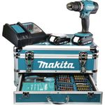 Makita DHP453RFX2 Akku-Schlagbohrschrauber blau-schwarz,18 V 2 x 3,0 Ah im Alukoffer,96-tlg. Zubehörset