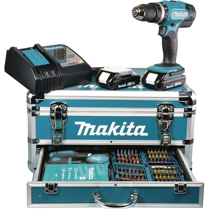 Makita DHP453RFX2 Akku-Schlagbohrschrauber blau-schwarz,18 V 2 x 3,0 Ah im Alukoffer,96-tlg. Zubehörset – Bild 1