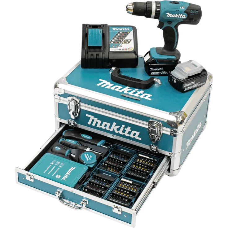 Makita DHP453RFX2 Akku-Schlagbohrschrauber blau-schwarz,18 V 2 x 3,0 Ah im Alukoffer,96-tlg. Zubehörset – Bild 11