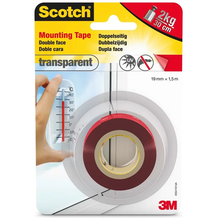 Scotch 40041915A Montageklebeband doppelseitig, stark für Glasflächen, 19 mm x 1.5 m, transparent