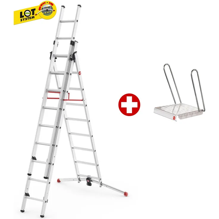 Hailo ProfiLOT Sprossenleiter bis 6,6 m Arbeitshöhe, Alu-Kombi-Leiter grati... - Hailo