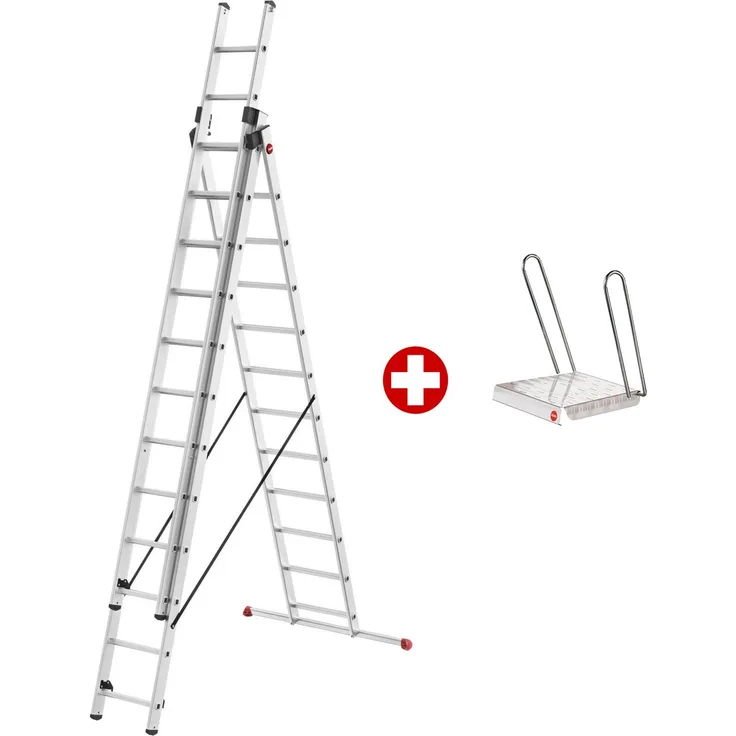 Hailo HobbyStep, 3-in-1-Alu-Kombileiter mit Einhängetritt, 3 x 12 profilierte Sprossen