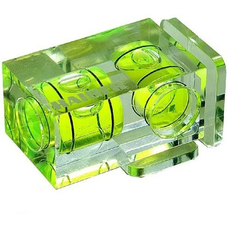 Kaiser Duplex-Wasserwaage, mit Doppel-Libelle und Zwei Aufsteckfüßen für Quer- und Hochformataufnahmen. Maße ca. 18 x 18 x 33 mm