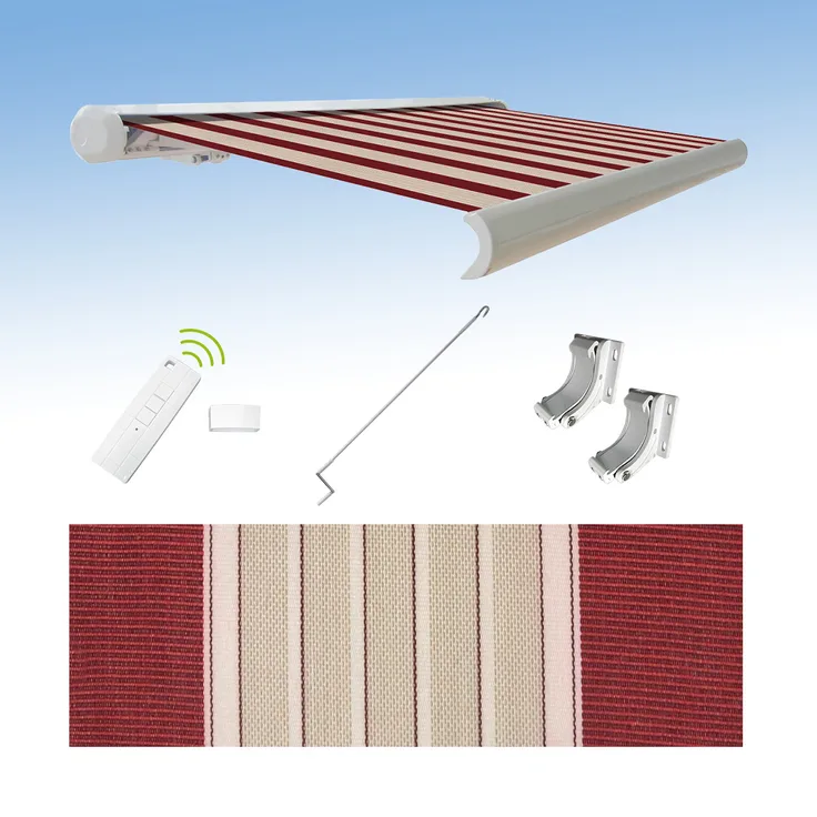 Markise elektrische Kassettenmarkise 2,0x1,5 m Gelenkarm Vollkassettenmarkise Rot-Weiß-Beige