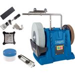 Scheppach Nass-Schleifsystem Tiger 7000s inkl. Homekit | Schleifmaschine 200W Induktionsmotor Schleifstein 250 x 50 mm 220k | Vorrichtung 40/60/70 | Abziehpaste | Steinpräparierer | Winkellehre