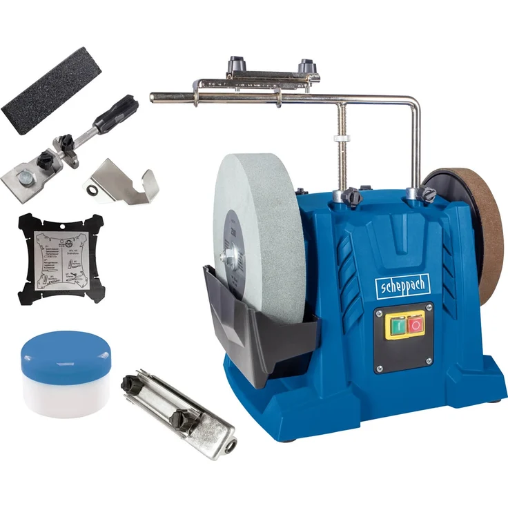 Scheppach Nass-Schleifsystem Tiger 7000s inkl. Homekit | Schleifmaschine 200W Induktionsmotor Schleifstein 250 x 50 mm 220k | Vorrichtung 40/60/70 | Abziehpaste | Steinpräparierer | Winkellehre – Bild 1