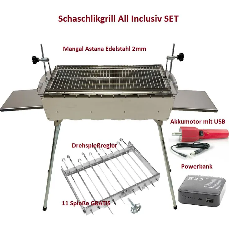Mangal Edelstahl 2 mm Schaschlickgrill Set mit automatischen Spießdreher
