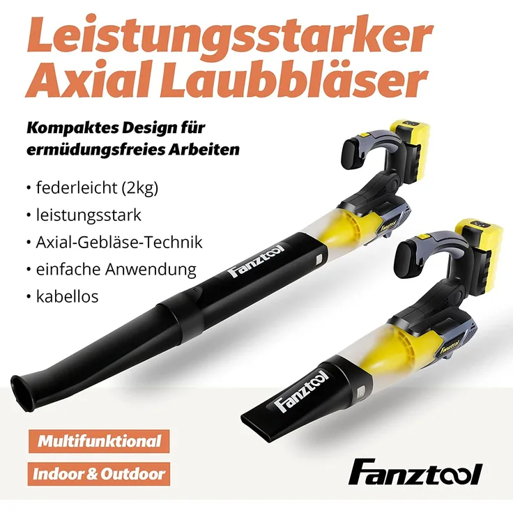 FANZTOOL Axial Laubbläser mit 20V Akku und Ladegerät (Akku Laubbläser) 2,5 Ah