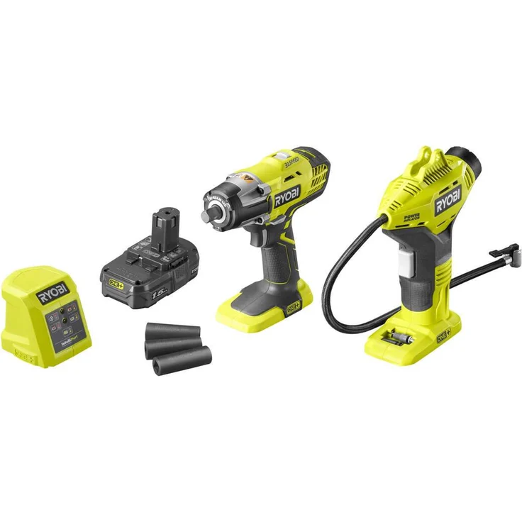 Ryobi R18IWPI-115G Akku-Maschinenset 18 V Schlagschrauber und Kompressor, mit Akku und Ladegerät inkl. 3 Ratschen-Nüsse 17, 19 & 21 mm – Bild 2