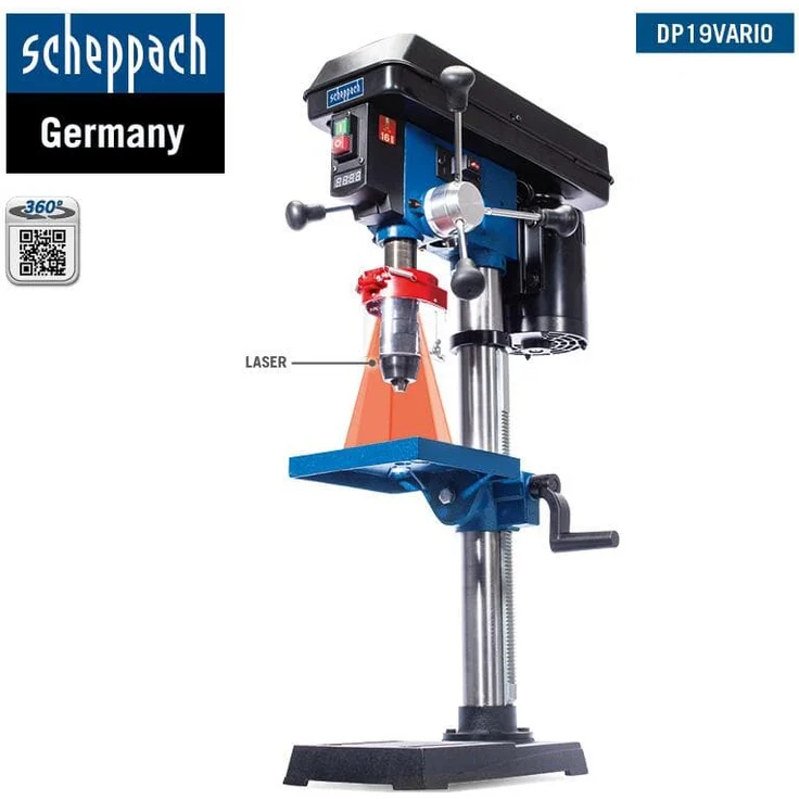 Scheppach Profi-Säulenbohrmaschine DP19Vario Tischbohrmaschine | Variable Drehzahl | Bohrfutterspannbereich von 1,5 bis 16mm | 550W | für Holz, Metall und Kunststoff | Laser & Digitale Drehzahlanzeige – Bild 2