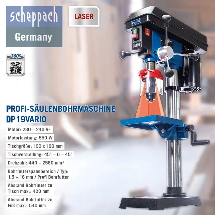 Scheppach Profi-Säulenbohrmaschine DP19Vario Tischbohrmaschine | Variable Drehzahl | Bohrfutterspannbereich von 1,5 bis 16mm | 550W | für Holz, Metall und Kunststoff | Laser & Digitale Drehzahlanzeige – Bild 3