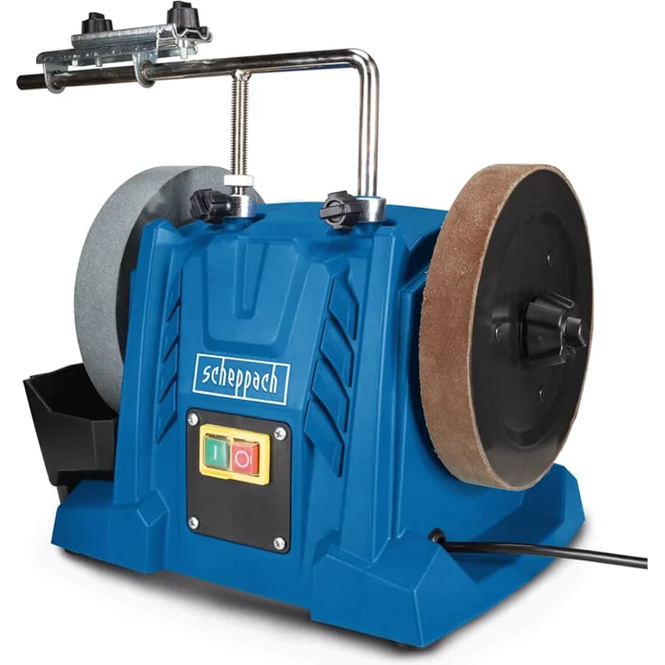 Scheppach Nass-Schleifsystem TIGER 5000S Nass-Schleifmaschine | 150W Induktionsmotor, Schleifstein aus Edelkorund mit Ø 200mm, Universalvorrichtung | Abziehpaste | Lederabziehscheibe | Winkellehre – Bild 2