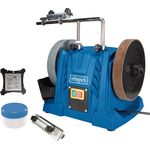 Scheppach Nass-Schleifsystem TIGER 5000S Nass-Schleifmaschine | 150W Induktionsmotor, Schleifstein aus Edelkorund mit Ø 200mm, Universalvorrichtung | Abziehpaste | Lederabziehscheibe | Winkellehre