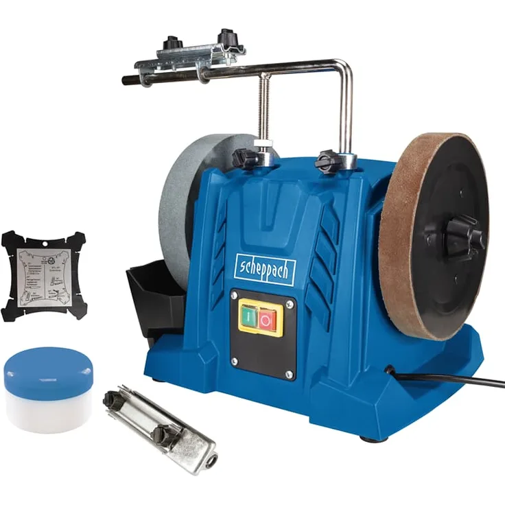 Scheppach Nass-Schleifsystem TIGER 5000S Nass-Schleifmaschine | 150W Induktionsmotor, Schleifstein aus Edelkorund mit Ø 200mm, Universalvorrichtung | Abziehpaste | Lederabziehscheibe | Winkellehre