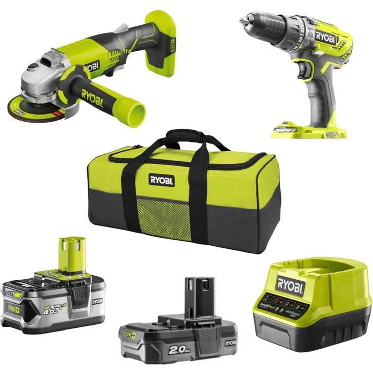Ryobi 2er Kombi-Set 18V ONE+ Akku-Schlagbohrschrauber + Akku-Winkelschleifer R18PD3, R18AG, RC18120 inkl 2 Akkus & Ladegerät – Bild 1