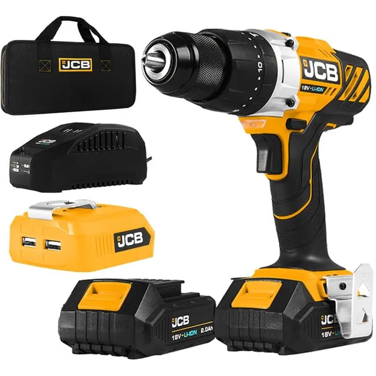 JCB Akku Schlagbohrschrauber 18V 2x 2,0 Ah Akkus Ladegerät USB Adapter Tasche