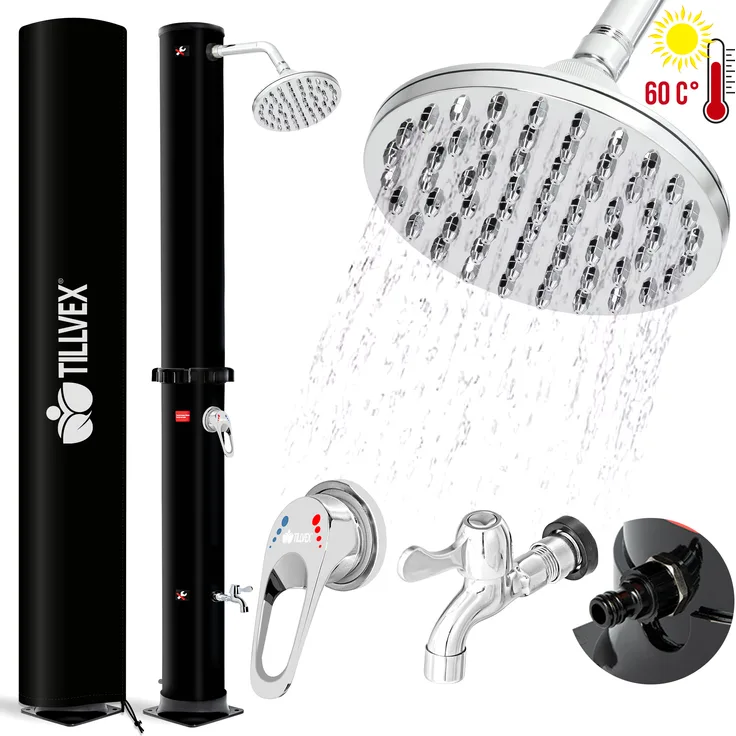 tillvex Solardusche 20L Schwarz inklusive Schutzhaube Gartendusche Pooldusche Camping Pool Solar Außen Dusche Regendusche