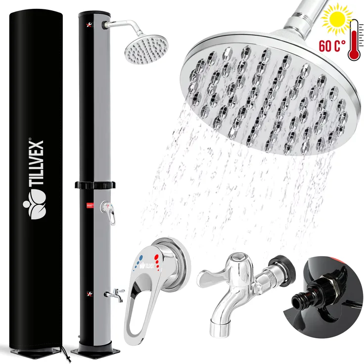 tillvex Solardusche 20L Schwarz-Silber inklusive Schutzhaube Gartendusche Pooldusche Camping Pool Solar Außen Dusche Regendusche