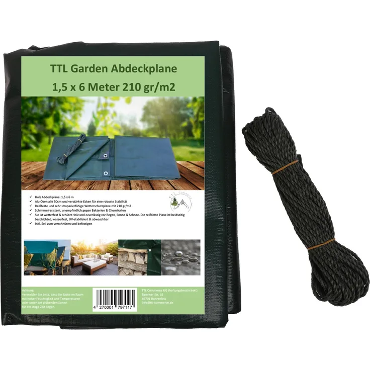 TTL Garden Abdeckplane 1,5x6m, 210g-m² alle 50cm eine Metallöse mit verstärkt...