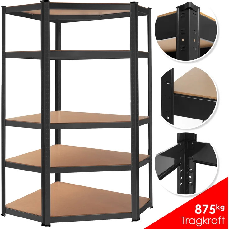 MASKO Eckregal Lagerregal Schwerlastregal, Kellerregal, 180x75x40cm , bis 875 kg, 5 verstellbare Ablagen, MDF-Platten Regal aus Metall, Steckregal, Werkstattregal, Keller, Garage Schwarz