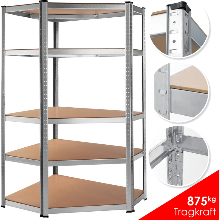 MASKO Eckregal Lagerregal Schwerlastregal, Kellerregal, 180x75x40cm , bis 875 kg, 5 verstellbare Ablagen, MDF-Platten Regal aus Metall, Steckregal, Werkstattregal, Keller, Garage Silber