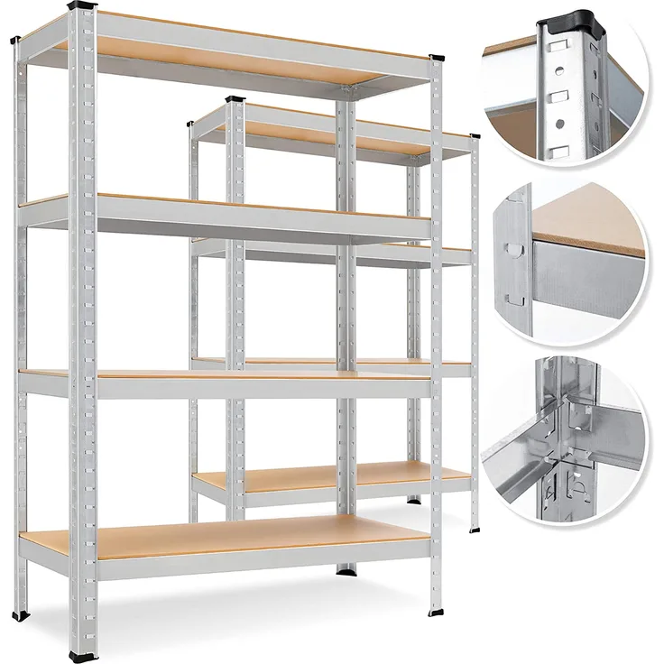 MASKO 2er-Set Lagerregal Schwerlastregal, Kellerregal , bis 875 kg belastbar, 5 verstellbare Ablagen, MDF-Platten Regal aus Metall, Steckregal, Werkstattregal, Keller, Garage 2x 160x80x40cm 4-Böden, 2x Silber 700kg