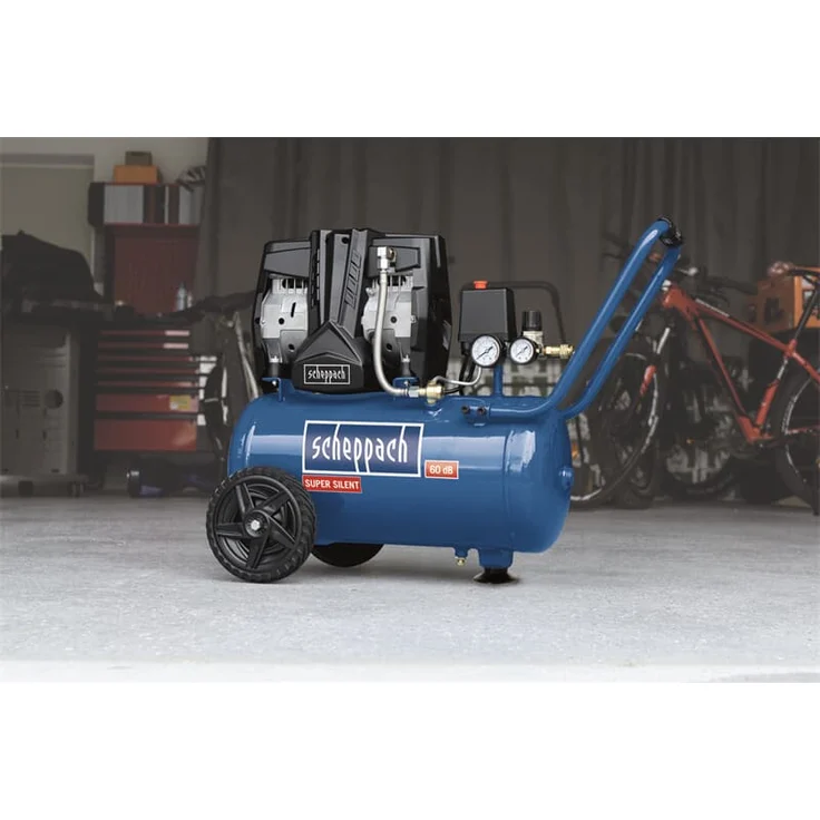 Scheppach HC25Si Super-Silent Kompressor Leisekompressor | 8bar Arbeitsdruck | 24L Kessel | 230V 1100W | ölfrei & wartungsarm | Ansaugleistung 230 L/min Doppelzylinder | Fahrvorrichtung – Bild 4