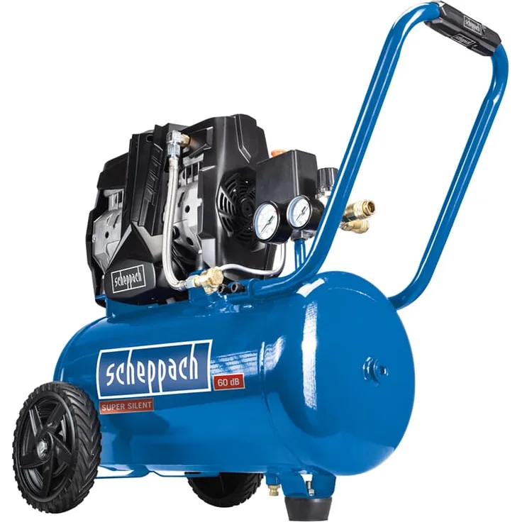 Scheppach HC25Si Super-Silent Kompressor Leisekompressor | 8bar Arbeitsdruck | 24L Kessel | 230V 1100W | ölfrei & wartungsarm | Ansaugleistung 230 L/min Doppelzylinder | Fahrvorrichtung
