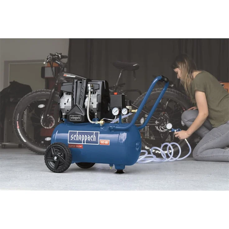 Scheppach HC25Si Super-Silent Kompressor Leisekompressor | 8bar Arbeitsdruck | 24L Kessel | 230V 1100W | ölfrei & wartungsarm | Ansaugleistung 230 L/min Doppelzylinder | Fahrvorrichtung – Bild 2