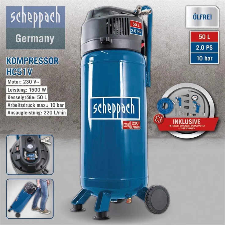 Scheppach Druckluft Kompressor 50L Luftkompressor 10bar 2PS stehend HC51V – Bild 7