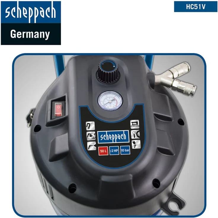 Scheppach Druckluft Kompressor 50L Luftkompressor 10bar 2PS stehend HC51V – Bild 4