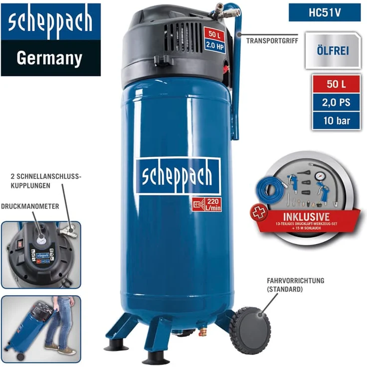 Scheppach Druckluft Kompressor 50L Luftkompressor 10bar 2PS stehend HC51V – Bild 2