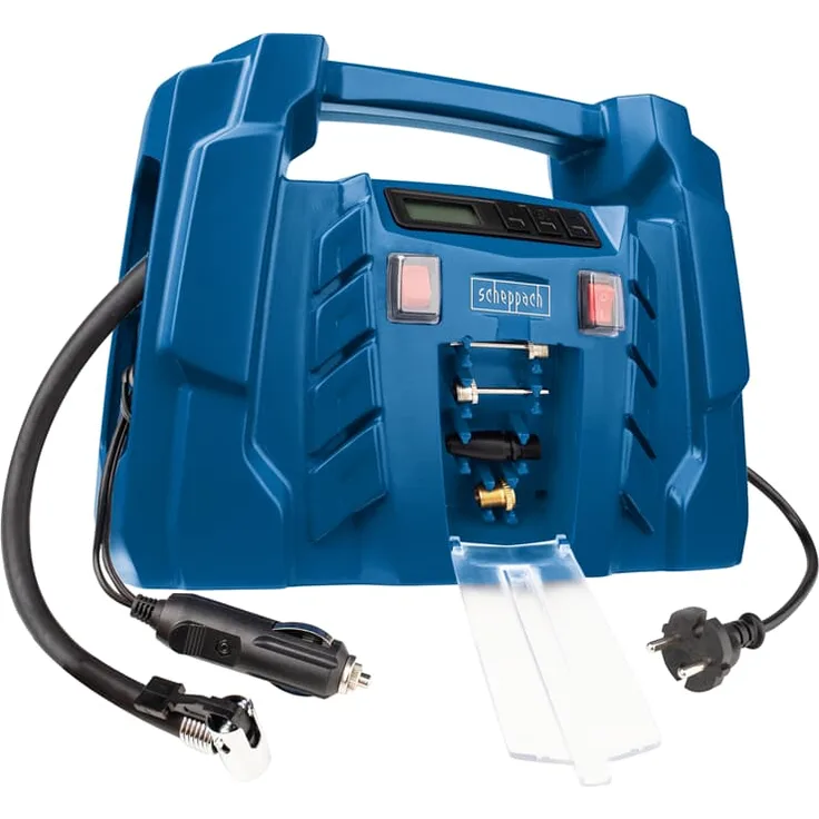 Scheppach Kompressor Airforce 5 mit digitaler Anzeige 12V / 230V Anschluss für KFZ/Auto tragbarer Kofferkompressor 8bar Arbeitsdruck 150W Ansaugleistung 36,5 l/min inkl. Zubehör