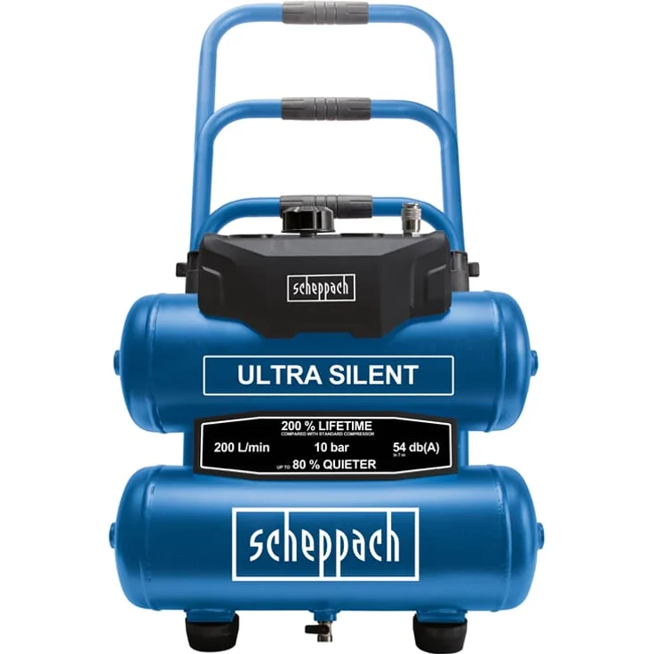 Scheppach Kompressor HC20Si-Twin Ultra-Silent Leisekompressor Druckluftkompressor Doppeltank 750W Leistung 10bar Arbeitsdruck 20L Kessel ölfrei Ansaugleistung 200 L/min Schallwert 54 db – Bild 1