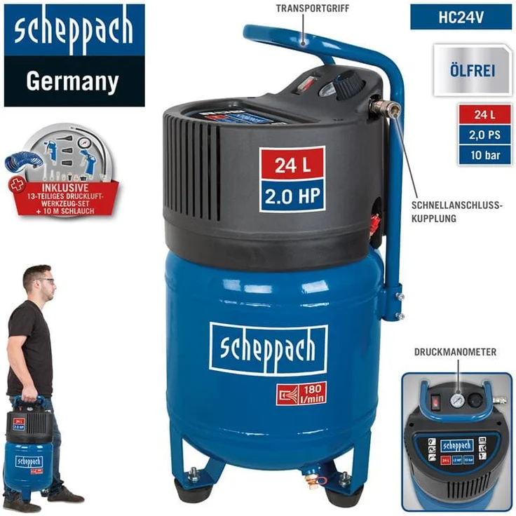 Scheppach Druckluft Kompressor 24L Luftkompressor 10bar 2PS stehend HC24V - Preisvergleich – Bild 2