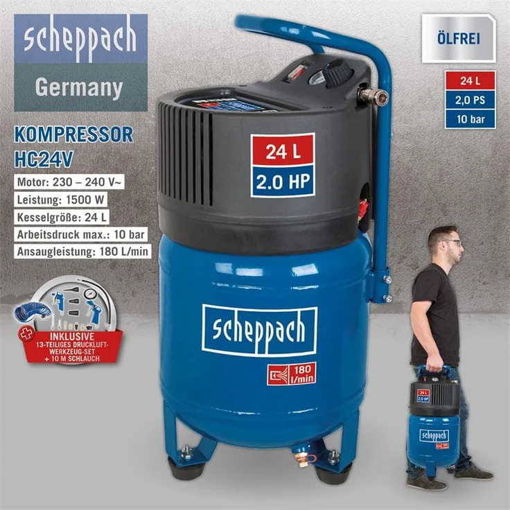 Scheppach Druckluft Kompressor 24L Luftkompressor 10bar 2PS stehend HC24V - Preisvergleich – Bild 5
