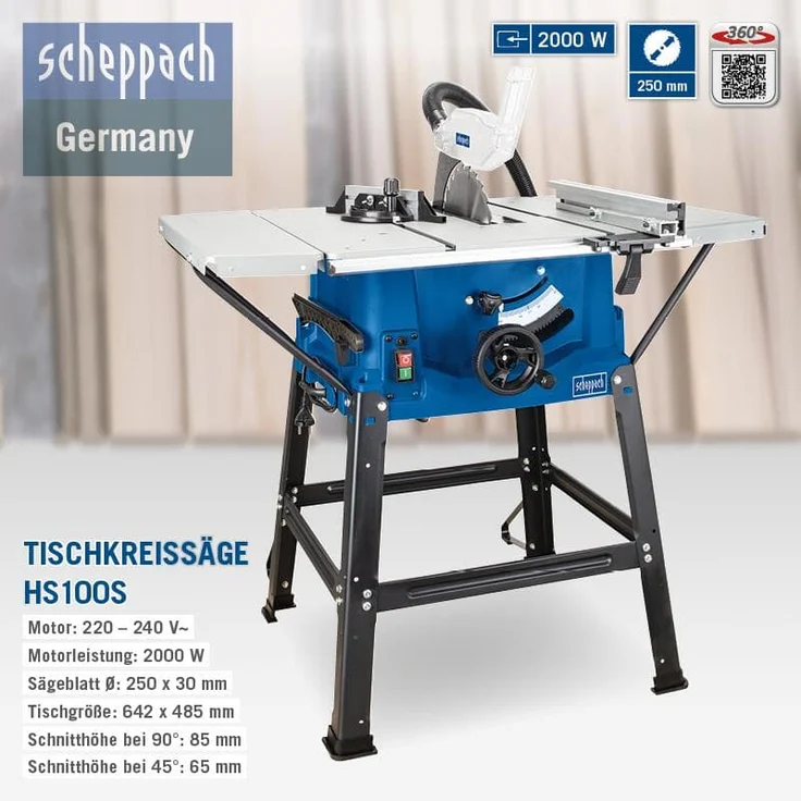 Scheppach Tischkreissäge HS100S | 230V 2000W | Schnitthöhe 85mm | Sägeblatt  250mm | inkl. Tischverbreiterungen und Untergestell | Tischgröße mit Verbreiterung 642 x 940 mm | Tischhöhe 830mm – Bild 4