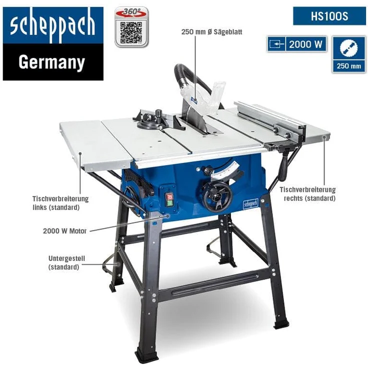 Scheppach Tischkreissäge HS100S | 230V 2000W | Schnitthöhe 85mm | Sägeblatt  250mm | inkl. Tischverbreiterungen und Untergestell | Tischgröße mit Verbreiterung 642 x 940 mm | Tischhöhe 830mm – Bild 2