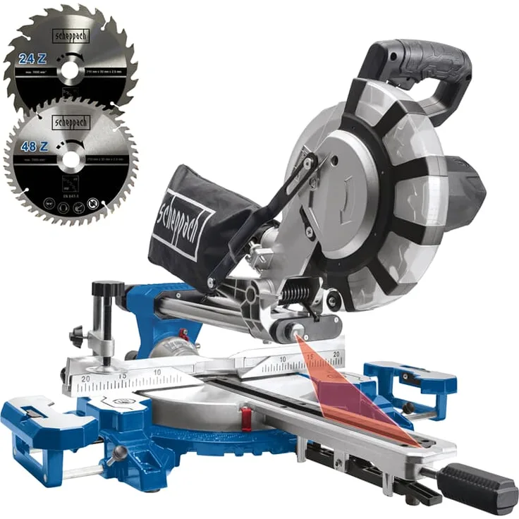Scheppach HM216SPX Kapp-Zug-Gehrungssäge Kappsäge 2000 W, Ø 210 mm Sägeblatt | 65 cm Schnitthöhe | 34 cm Schnittbreite| mit Laser, Aluauflagen, Drehtisch mit Schnellarretierung, inkl. 2. Sägeblatt